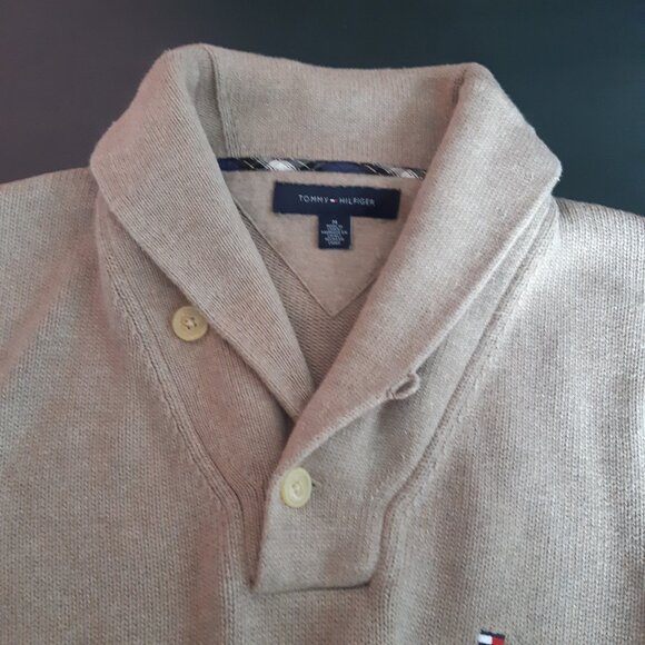 Calvin Klein Jeans SZ M 100% Cotton Tan Knit 2 Button Shawl Collar Men's Sweater - Picture 4 of 16